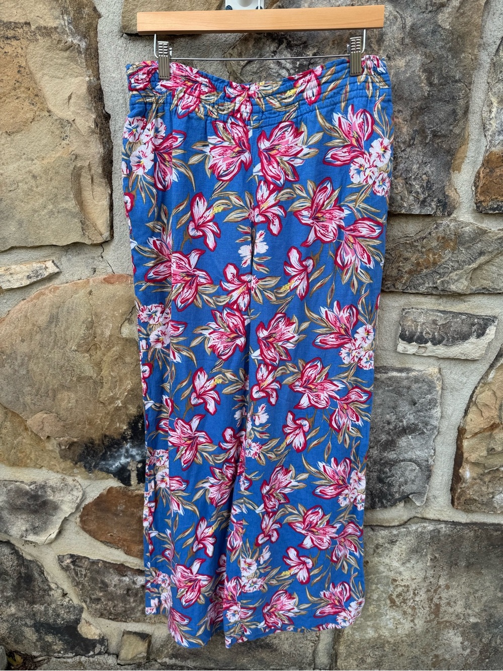 Blue Wide-Leg Floral Pull-On Linen-Blend Pants Medium 30” Inseam Coastal Grandma